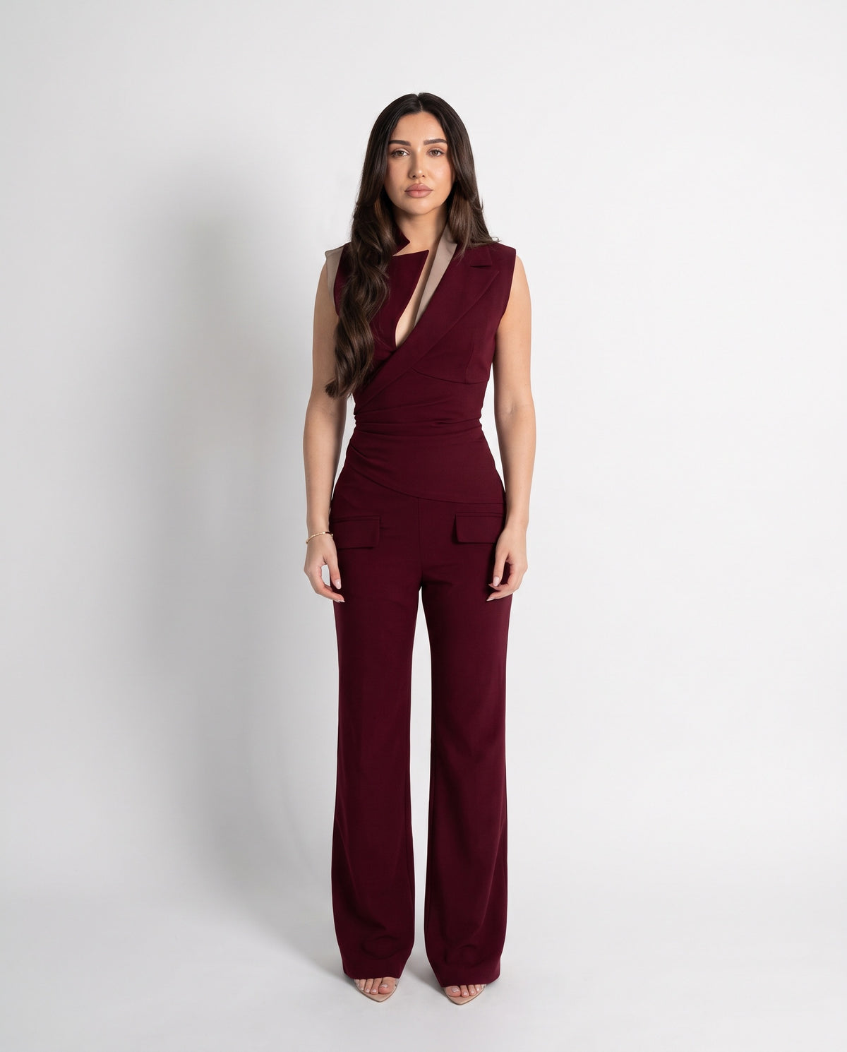 The Signature jumpsuit in Merlot, front view
