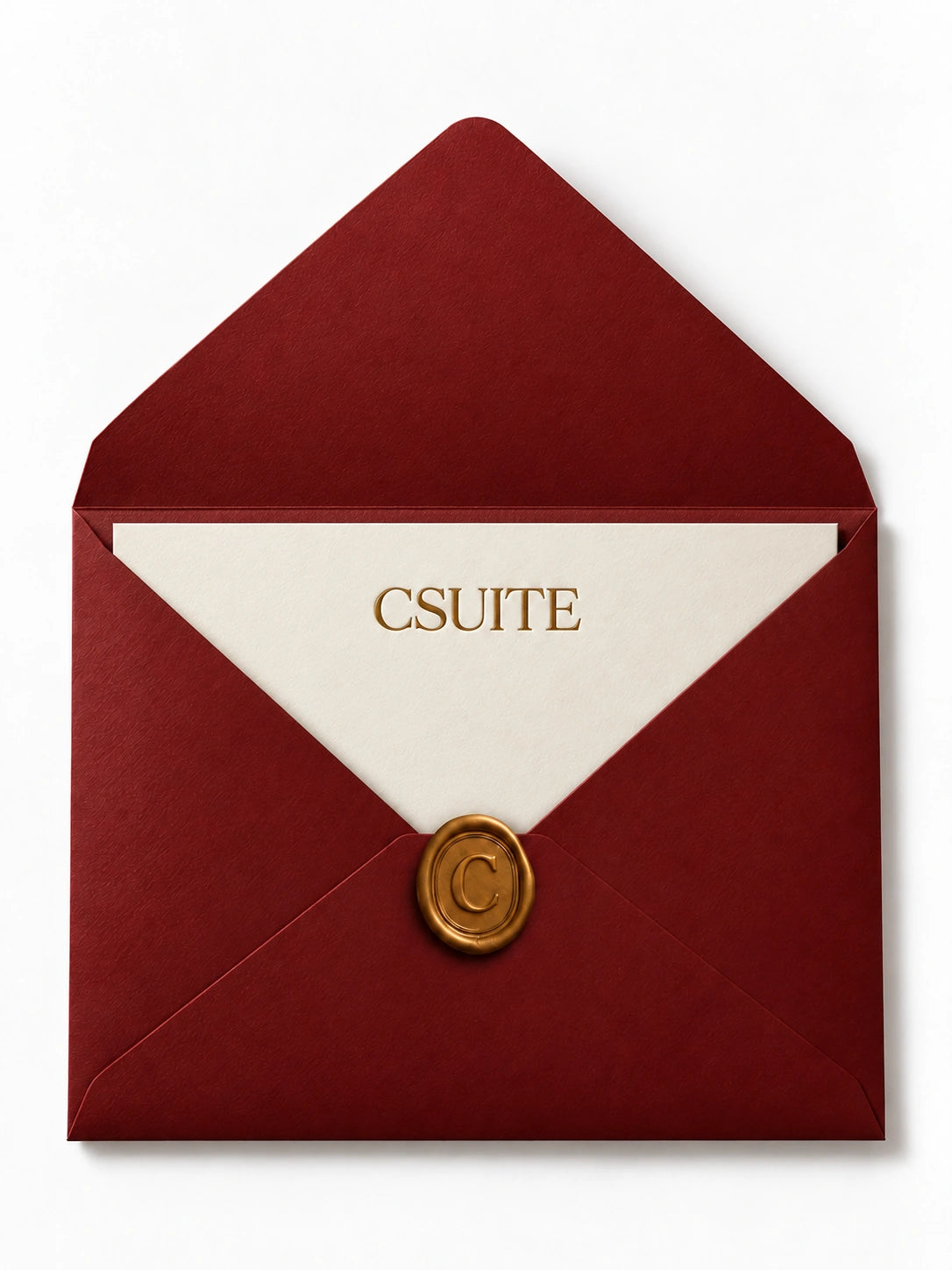 Open burgundy CSUITE envelope with a gold C wax seal