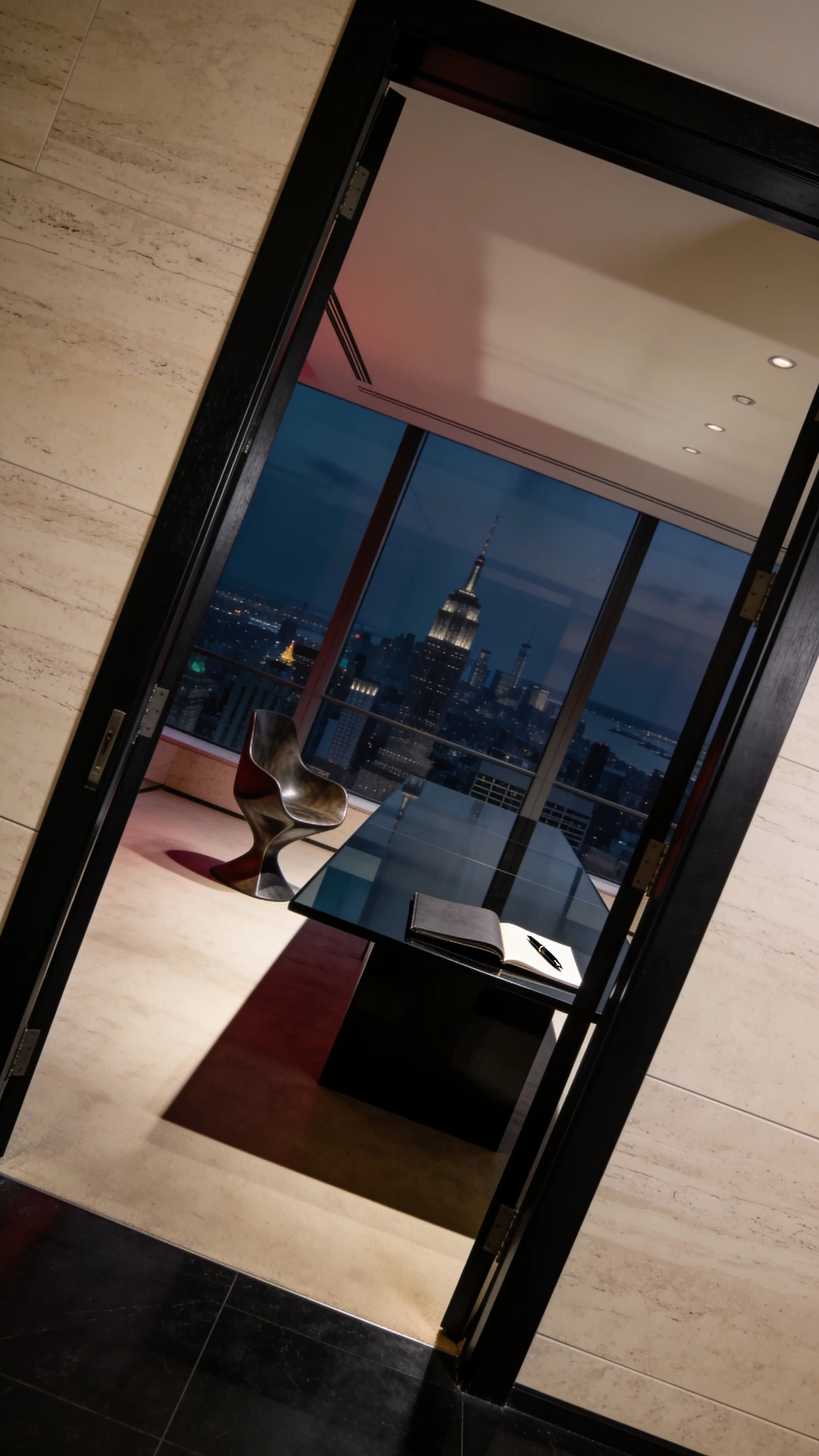 A notebook on a glass desk overlooking the city
