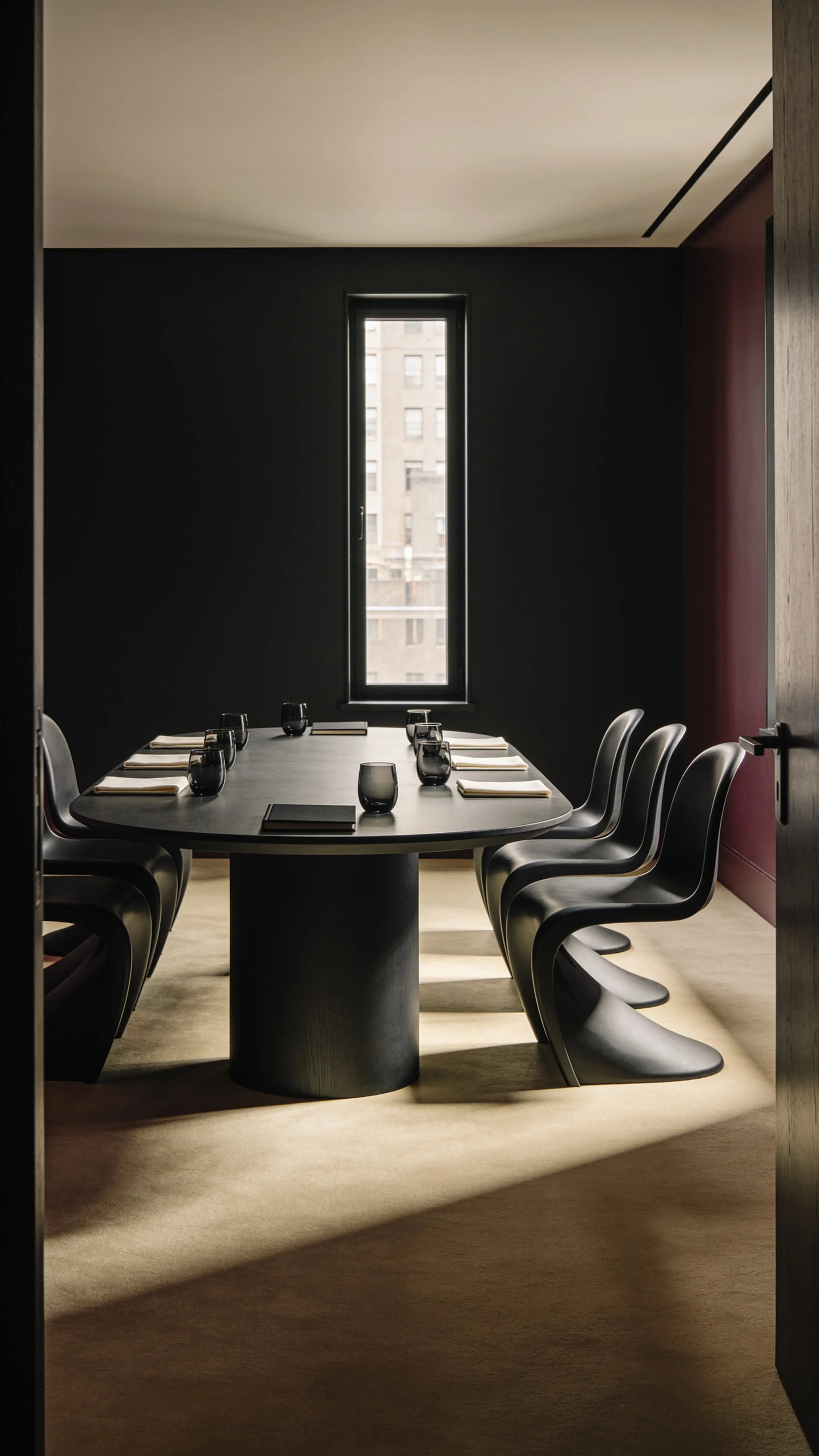 A table set for conversation in an intimate dining room